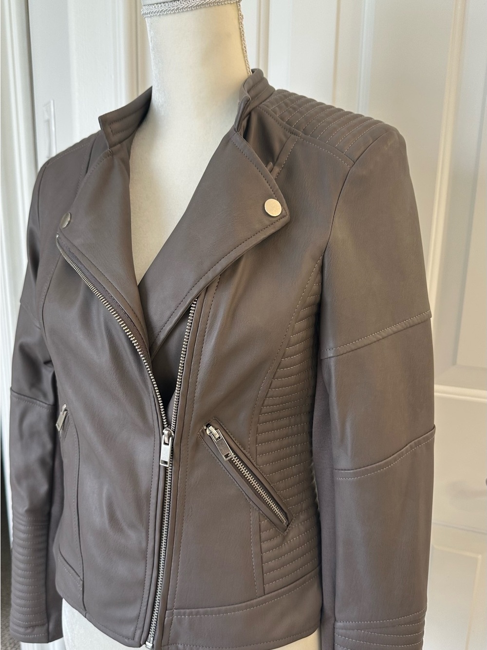 Leather Fitted Moto Jacket with Silver Hardware